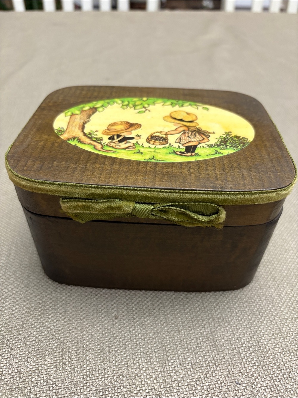 Vintage wooden box with hinged lid
